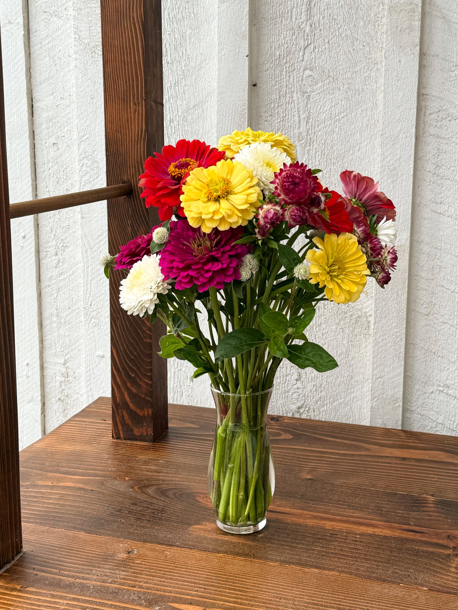 A yellow, red, pink, and white posy.